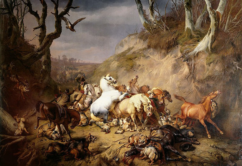 Hungry Wolves Attacking a Group of Horsemen